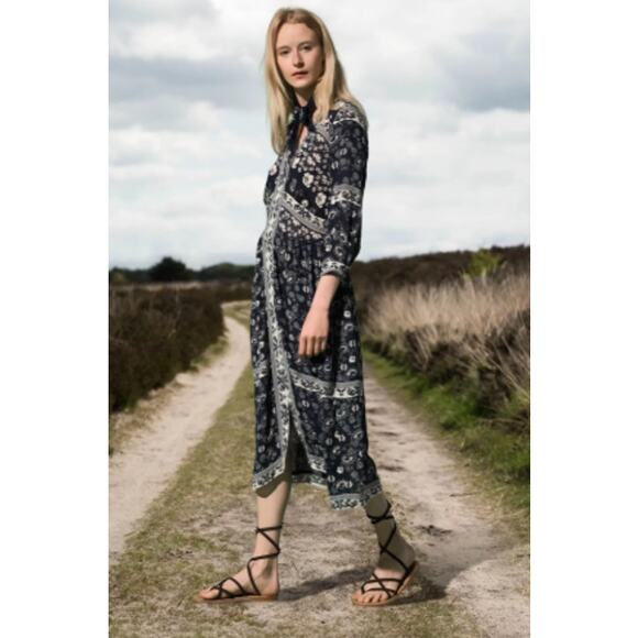 Sea New York Bandana Border Print Midi Dress Womens Size 6 Navy Cream Boho Chic - Picture 2 of 14